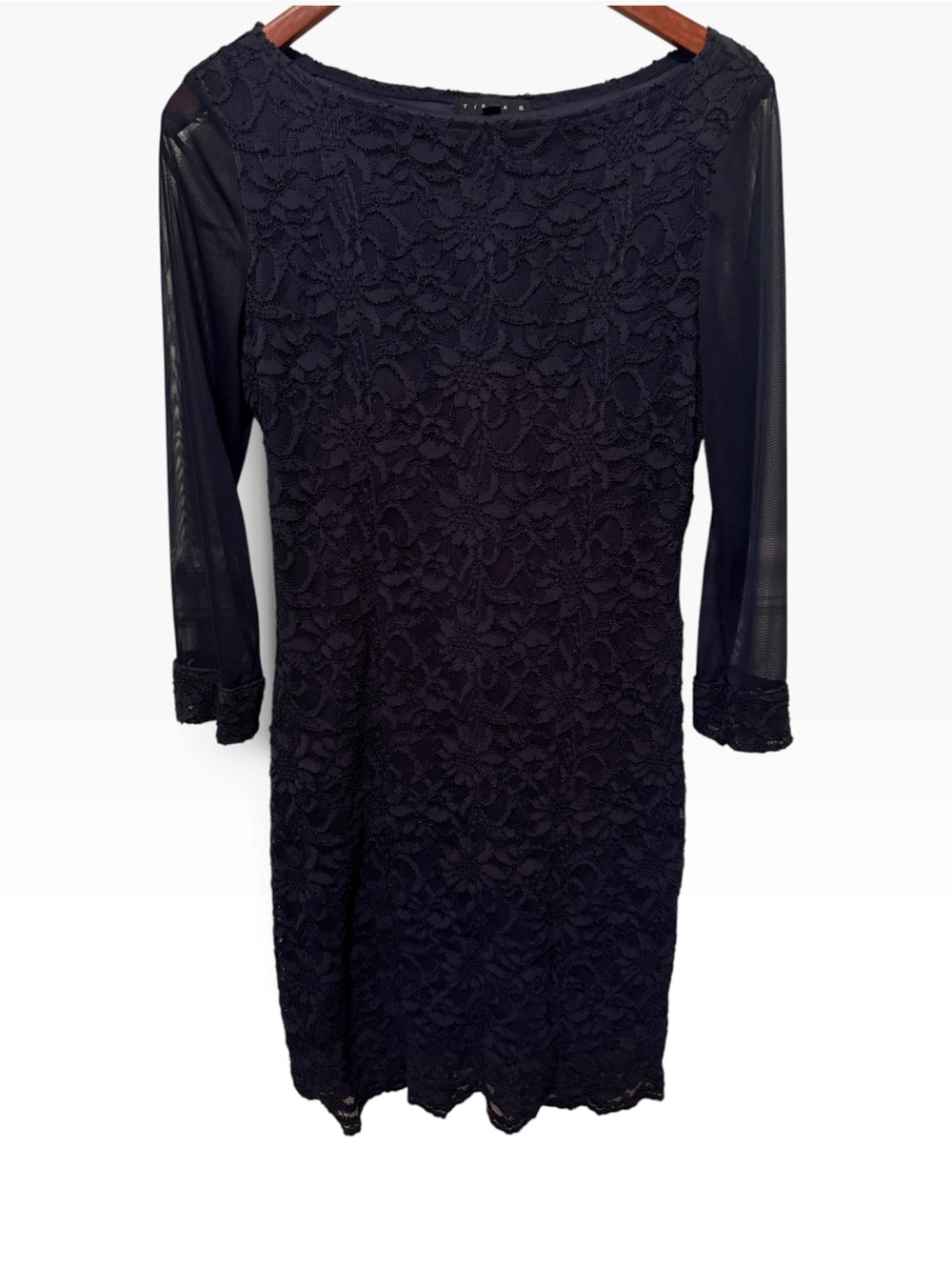 Tiana B Navy Blue Lace Sheath Dress Size 8 Sheer Sleeves